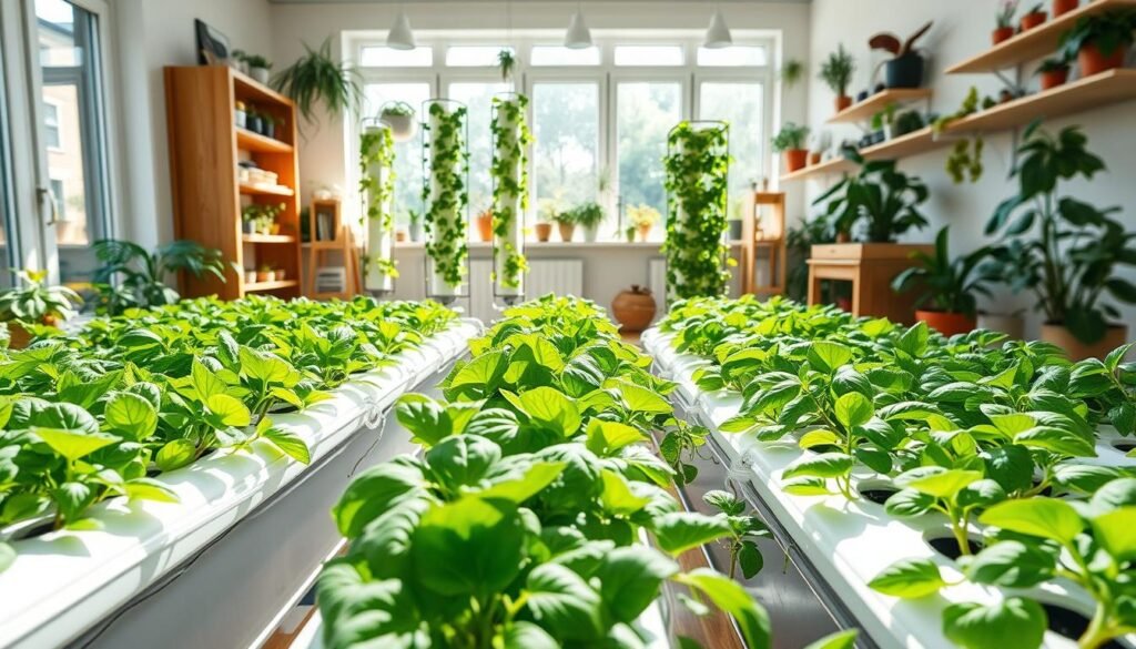 A bright and airy indoor space dedicated to hydroponic gardening, featuring a variety of green herbs and vegetables thriving in a well-organized, modern setup. In the foreground, showcase a close-up of vibrant green lettuce and basil in nutrient-rich, water-filled systems with clear tubing. The middle ground includes an assortment of hydroponic units, including vertical towers and nutrient film techniques, all illuminated by soft, natural sunlight streaming through large windows. The background displays a cozy home décor with wooden shelving and potted plants, enhancing the gardening atmosphere. Capture a warm and inviting mood, emphasizing the potential challenges of indoor gardening, like water levels and plant health, without any text or distractions.