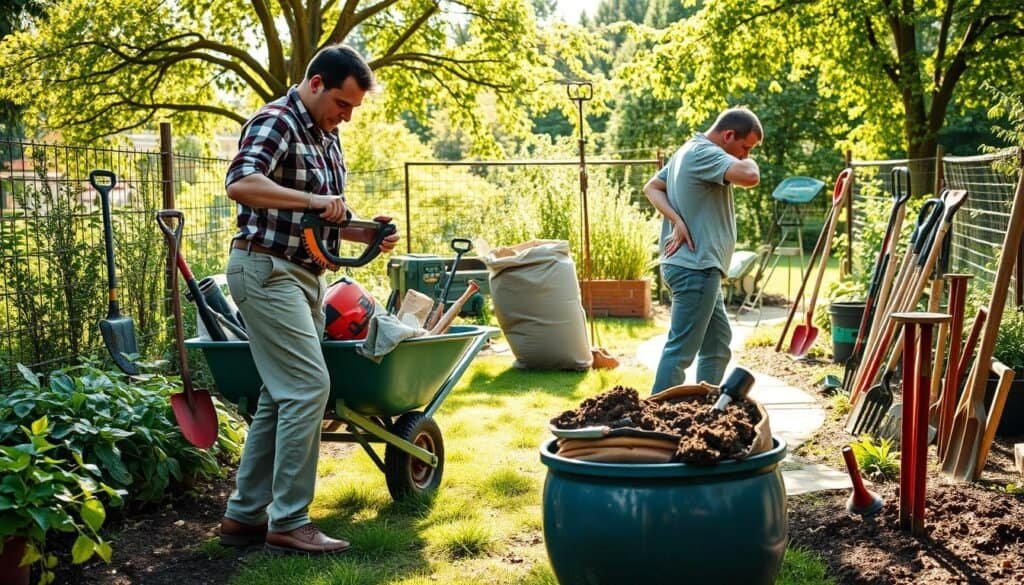 A bright and well-lit garden scene showcasing common safety mistakes in gardening tools. In the foreground, a gardener in modest casual clothing is using a pruning saw without proper hand protection, showcasing poor technique. Nearby, a wheelbarrow filled with tools is left unattended, highlighting unsafe storage. In the middle ground, another gardener is incorrectly lifting a heavy sack of soil, straining their back, emphasizing the need for better posture. The background features an array of gardening tools, such as hoes and shovels, placed dangerously close to pathways. The scene is illuminated by soft sunlight filtering through trees, casting gentle shadows, creating an atmosphere that feels educational yet engaging. The image captures the essence of garden tool safety awareness, focusing on mistakes rather than perfection.