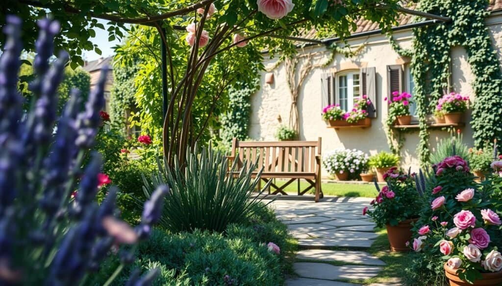 A charming French cottage garden featuring a quaint stone pathway winding through lush greenery and colorful flower beds. In the foreground, delicate lavender and vibrant roses in full bloom add rich hues, while quaint clay pots overflow with herbs like thyme and basil. The middle ground showcases a rustic wooden bench nestled beneath a blooming trellis, dappled sunlight filtering through leaves creating a warm glow. In the background, the soft silhouette of a traditional French cottage with climbing vines and window boxes filled with petunias conveys a serene atmosphere. The scene is bathed in bright natural light, capturing the essence of a sunny day. A soft focus lens effect enhances the cozy, inviting feel of this picturesque garden retreat. A charming French cottage garden featuring a quaint stone pathway winding through lush greenery and colorful flower beds. In the foreground, delicate lavender and vibrant roses in full bloom add rich hues, while quaint clay pots overflow with herbs like thyme and basil. The middle ground showcases a rustic wooden bench nestled beneath a blooming trellis, dappled sunlight filtering through leaves creating a warm glow. In the background, the soft silhouette of a traditional French cottage with climbing vines and window boxes filled with petunias conveys a serene atmosphere. The scene is bathed in bright natural light, capturing the essence of a sunny day. A soft focus lens effect enhances the cozy, inviting feel of this picturesque garden retreat.
