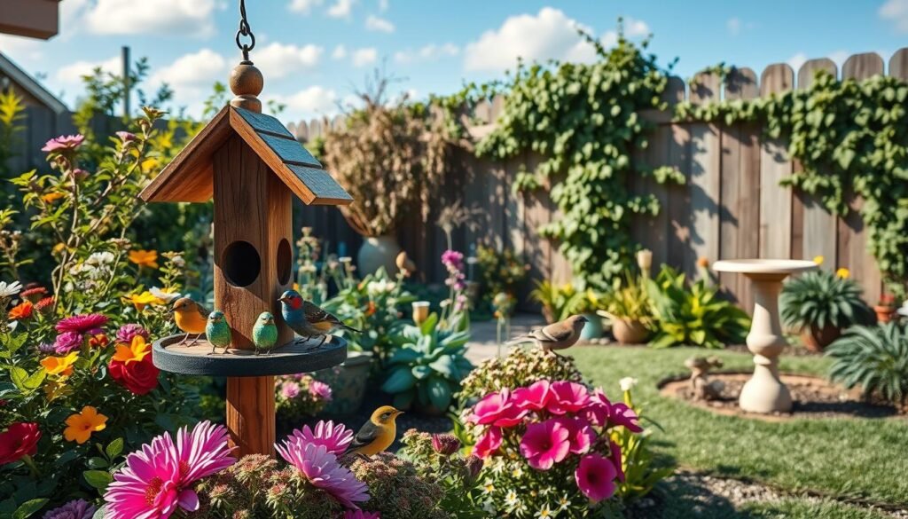 A charming backyard scene focusing on a variety of bird feeders nestled among colorful flowers and lush greenery. In the foreground, showcase a rustic wooden bird feeder adorned with vibrant songbirds. In the middle ground, include a thoughtfully designed garden area featuring diverse plant species that attract birds, with a small birdbath nearby reflecting the sunlight. The background should illustrate a well-maintained garden fence, partially covered with climbing vines, under a bright blue sky with subtle fluffy clouds. The lighting is soft and natural, casting gentle shadows, creating a serene atmosphere perfect for birdwatching. Capture the image from a slightly elevated angle to emphasize the beauty of the entire bird feeding station.