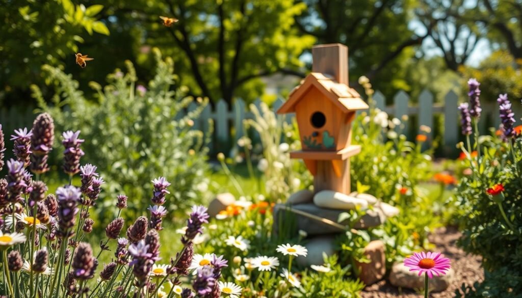 A charming backyard scene showcasing a beautifully designed birdhouse nestled within a lush, pollinator-friendly cottage garden. In the foreground, vibrant flowers like lavender and daisies are blooming, attracting bees and butterflies. The middle ground features a whimsical, handcrafted birdhouse mounted on a rustic wooden post, surrounded by green foliage and decorative stones. In the background, sun-dappled trees filter soft sunlight, creating an inviting atmosphere. The scene captures a serene, sunny day, emphasizing bright natural light and an airy feel. Use a wide-angle lens to encompass the garden's beauty, with soft focus on the background to enhance depth. The overall mood is cheerful and tranquil, perfect for a wildlife-friendly setting.