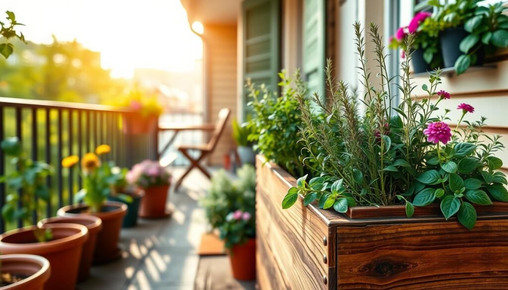 A charming balcony scene showcasing a beautifully arranged patio herb planter filled with vibrant herbs like basil, rosemary, and thyme. In the foreground, the planter features a rustic wooden design with rich textures, surrounded by colorful flower pots. The middle ground reveals a cozy balcony adorned with a small wooden table and chairs, inviting relaxation. In the background, a sunny sky casts soft, warm light, enhancing the greenery and creating an airy atmosphere. Using a wide-angle lens captures the intimacy of the space, evoking a sense of tranquility and home. The overall mood is bright and welcoming, reflecting the satisfaction of growing fresh herbs right at home.