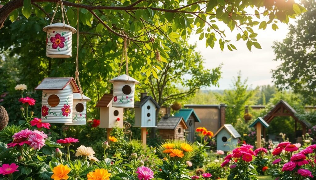 A charming garden landscape featuring a variety of beautifully painted birdhouses nestled among vibrant flowers and lush greenery. In the foreground, display several upcycled tin can bird feeders hanging gracefully from tree branches, adorned with colorful floral motifs. In the middle ground, arrange an eclectic collection of birdhouses in different styles, showcasing unique designs and textures, each harmonizing with the natural environment. The background should reveal a serene sky with soft, dappled sunlight filtering through leaves, creating a warm, inviting atmosphere. Capture the scene with a slightly elevated viewpoint, employing a wide-angle lens to enhance the depth and richness of the garden setting, ensuring a bright and airy feel throughout. The overall mood should evoke a sense of tranquility and joy, celebrating creativity in DIY garden decor.