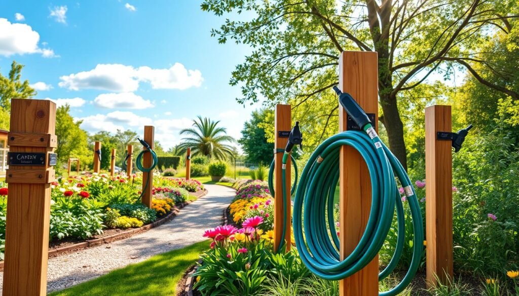 A charming garden scene featuring multifunctional marker posts integrated with a garden hose organization system. The foreground displays sturdy, beautifully crafted wooden marker posts with labeled sections for different garden plants and flowers, showcasing their unique designs. Coiled garden hoses are neatly organized and attached to the posts, providing both functionality and aesthetics. In the middle ground, a vibrant, well-tended flowerbed blooms with colorful annuals and perennials, while a winding gravel pathway leads deeper into the lush garden. The background features a bright blue sky with soft, fluffy clouds, dappled sunlight filtering through leafy trees, casting gentle shadows. The overall mood is cheerful and inviting, emphasizing a well-maintained and practical garden space, captured in crisp detail with a bright, airy atmosphere.