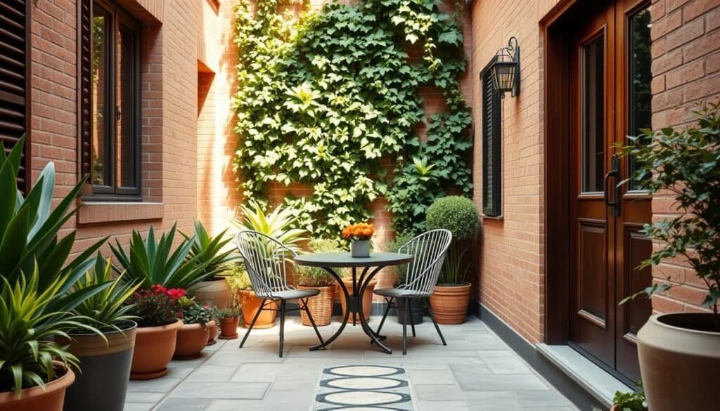 A charming small courtyard design nestled between two narrow townhouse walls, featuring a harmonious blend of greenery and stylish wooden elements. In the foreground, a small round table with two elegant chairs surrounded by potted plants in vibrant hues. The middle ground displays a lush vertical garden on one wall, cascading greenery creating a refreshing vibe, with sunlight filtering through the leaves, casting soft shadows. A decorative stone pathway leads through the space, accentuating the cozy environment. In the background, soft, warm sunlight bathes the scene, enhancing the inviting, serene atmosphere. Capture this scene from a slightly elevated angle to emphasize the compact layout and maximize the feeling of openness in the space, showcasing the clever use of every inch in a narrow courtyard. A charming small courtyard design nestled between two narrow townhouse walls, featuring a harmonious blend of greenery and stylish wooden elements. In the foreground, a small round table with two elegant chairs surrounded by potted plants in vibrant hues. The middle ground displays a lush vertical garden on one wall, cascading greenery creating a refreshing vibe, with sunlight filtering through the leaves, casting soft shadows. A decorative stone pathway leads through the space, accentuating the cozy environment. In the background, soft, warm sunlight bathes the scene, enhancing the inviting, serene atmosphere. Capture this scene from a slightly elevated angle to emphasize the compact layout and maximize the feeling of openness in the space, showcasing the clever use of every inch in a narrow courtyard.