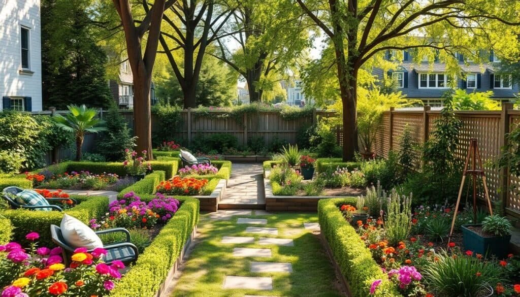 A charming small garden layout that evokes the tranquility of a park, featuring a neat arrangement of vibrant flower beds filled with colorful blooms, neatly trimmed hedges, and a small stone pathway meandering through the center. In the foreground, include cozy seating with stylish outdoor furniture surrounded by lush greenery. The middle ground showcases a mix of herb and vegetable planters, adding functionality to the beauty. In the background, tall trees provide shade, with dappled sunlight filtering through the leaves. Capture this scene in bright natural light, with soft sunlight creating warm shadows. The angle should be slightly elevated to showcase the layout's spatial design, inviting a sense of peace and relaxation in an urban oasis.