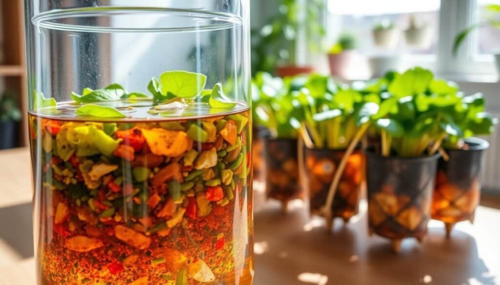 A clear glass container filled with a rich, vibrant nutrient solution, showcasing an intricate balance of colors from various minerals and nutrients. In the foreground, the focus is on the texture of the solution, glistening under bright natural light. The middle ground features a neatly arranged setup of hydroponic plants, such as leafy greens and herbs, growing in well-maintained net pots, their roots visibly immersed in the nutrient-rich liquid. The background includes soft sunlight filtering through a window, illuminating a clean and airy indoor gardening space decorated with natural wood accents and plants. The mood is fresh, calm, and uplifting, reflecting a healthy hydroponic environment.