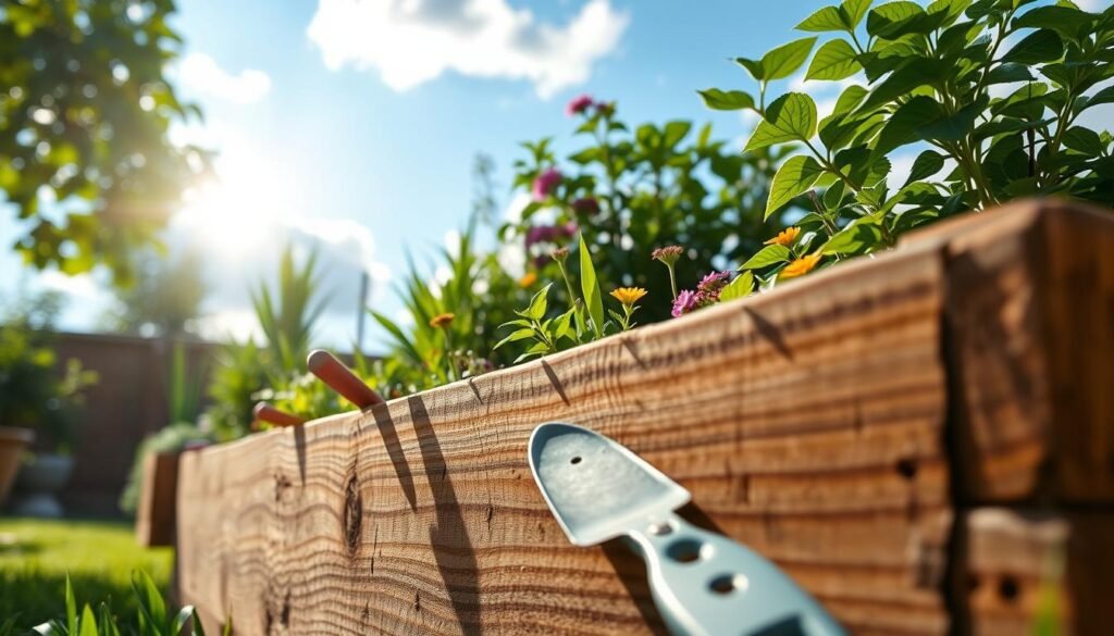 A close-up view of a DIY raised garden bed made from natural wood, showcasing its details like the grain and texture of the timber. In the foreground, vibrant green plants and flowers are flourishing inside the raised bed, creating a rich contrast against the weathered wood. The middle ground features gardening tools like a trowel and gloves, suggesting a recent planting activity. In the background, a bright blue sky with soft fluffy clouds and the gentle glow of the afternoon sun filtering through leaves creates an inviting atmosphere. The image should evoke a sense of achievement and tranquility, capturing the essence of home gardening in a well-lit and airy environment.