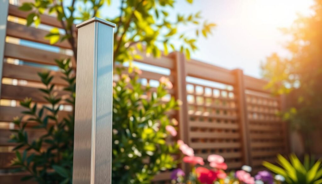 A close-up view of a sleek aluminum fence post positioned prominently in the foreground, showcasing its modern design with a brushed finish. The post is surrounded by elegant wooden slats that form part of a decorative garden fence panel, enhancing the blend of materials. In the middle ground, lush green plants and colorful flowers partially frame the fence, creating a vibrant and inviting atmosphere. The background features a softly blurred garden scene with a clear blue sky, illuminated by bright natural light and warm soft sunlight filtering through the leaves. This image captures a harmonious blend of contemporary and natural elements, emphasizing privacy while maintaining aesthetic appeal. The overall mood is serene and refreshing, ideal for a crafted outdoor space.