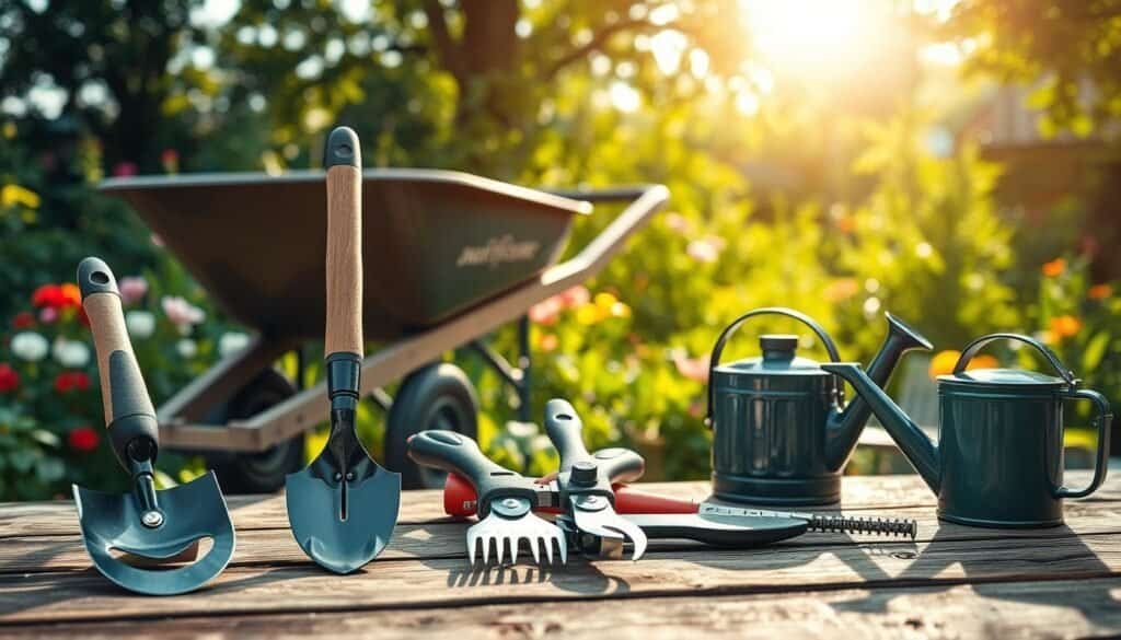 A close-up view of various ergonomic gardening tools displayed on a rustic wooden table. In the foreground, prominently feature a comfortable, padded-grip hand trowel, a lightweight, curved pruner, and an adjustable garden kneeler. In the middle, include a sturdy wheelbarrow with an ergonomic handle and a watering can designed for ease of use. The background showcases a sunlit garden filled with vibrant flowers and lush greenery, creating a serene atmosphere. Soft sunlight filters through the trees, casting gentle shadows on the tools to highlight their features. Use a shallow depth of field to emphasize the tools while creating a dreamy, inviting scene. The mood should convey care, safety, and the joy of gardening.
