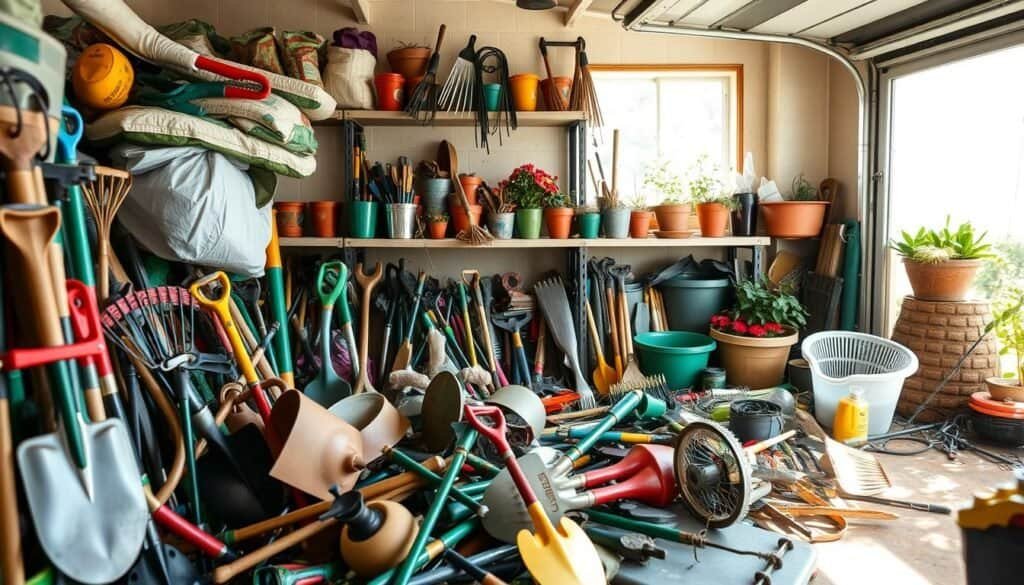 A cluttered garage workspace filled with various garden tools and equipment, poorly organized and haphazardly stored. In the foreground, a colorful array of shovels, rakes, and pruners is tossed chaotically on the floor, with some overlapping and others dangerously positioned. The middle ground shows a shelf overflowing with flower pots and bags of soil, with tools precariously balanced on top, some threatening to fall. The background features a bright window allowing soft, natural sunlight to illuminate the scene, casting gentle shadows that emphasize the disarray. The atmosphere is chaotic yet realistic, capturing the hazards of a disorganized tool storage space, warning of potential accidents in a home gardening setting.