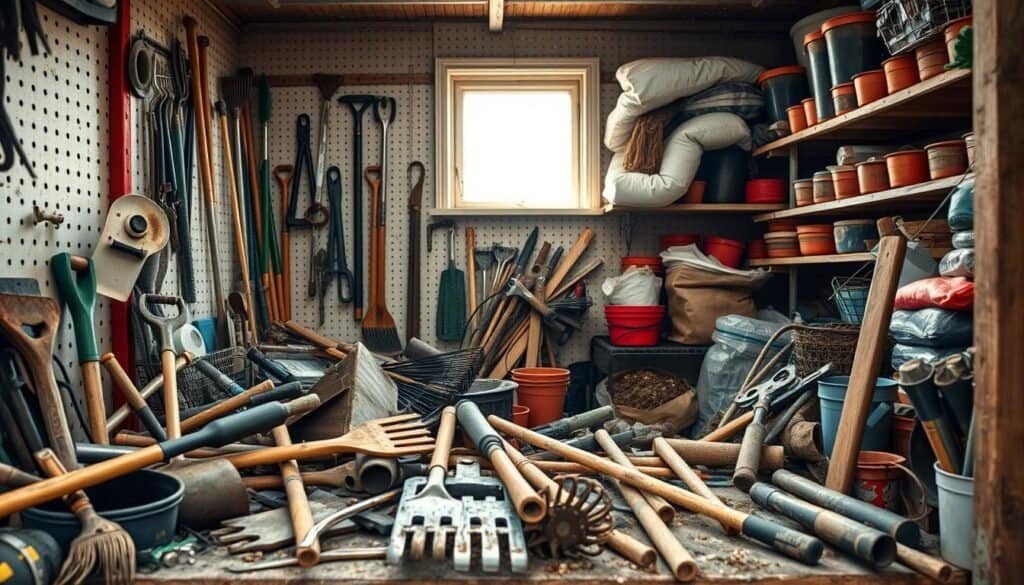 A cluttered tool shed showcasing disorganized garden tools and equipment. In the foreground, various tools such as shovels, rakes, and pruners are haphazardly strewn on a workbench, some with rust and dirt, implying neglect. The middle layer features a pegboard on the wall, partially filled with mismatched tools that are twisted and hard to reach. In the background, shelves filled with pots and bags of soil spill over, creating a chaotic atmosphere. Soft, bright natural light filters in through a small window, illuminating dust motes in the air and enhancing the feeling of neglect. The mood is tense and chaotic, emphasizing the dangers of improper organization, with an angle capturing the depth of the cluttered space.