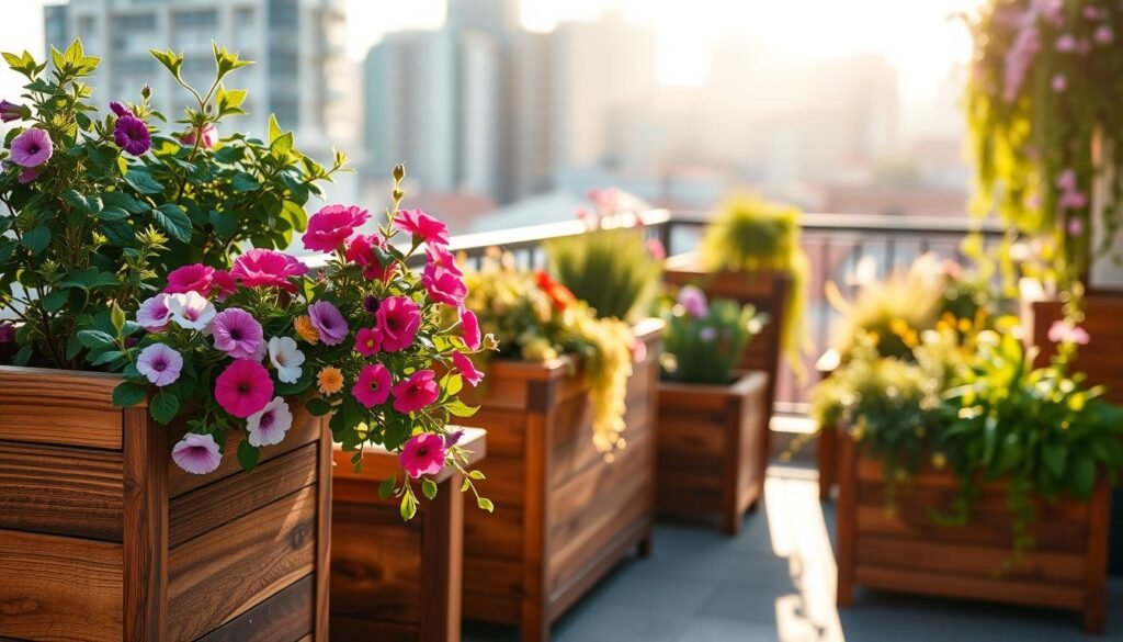 A collection of elegant wooden planters arranged neatly on a balcony or small patio, showcasing a vibrant array of flowers and herbs. The planters are crafted from rich, textured wood with a warm finish, emphasizing natural beauty and functionality. In the foreground, a close-up of a beautifully designed planter with colorful blossoms spilling over its edge. In the middle, additional planters in varying heights, filled with lush greenery and cascading vines, to create depth. The background features a softly blurred cityscape bathed in bright, natural light, with gentle sunlight filtering through. The overall mood is fresh, airy, and inviting, illustrating how wooden planters can transform small spaces into green oases. A warm, sunlit atmosphere enhances the rustic charm of the scene, inviting viewers to imagine their own small gardening spaces.