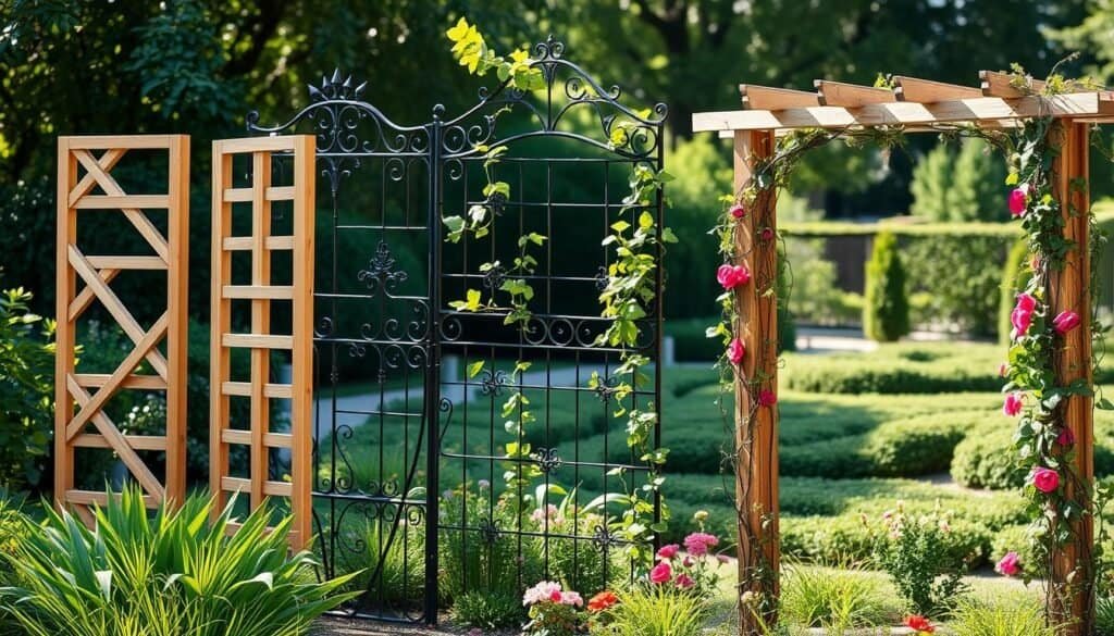 A collection of unique trellis designs in a serene garden setting. In the foreground, showcase three distinct trellis styles: a modern geometric wooden trellis, an elegant wrought iron trellis with delicate patterns, and a rustic farmhouse-style trellis decorated with climbing roses. In the middle ground, include lush greenery, vibrant flowers, and climbing plants weaving through the trellises, creating a harmonious blend of colors and textures. The background features a soft-focus of a well-kept garden, with sunlight filtering through the leaves, casting gentle shadows. Capture this scene with a warm, inviting atmosphere, using bright natural light and soft sunlight to highlight the craftsmanship of each trellis design. The angle should be slightly elevated, offering a comprehensive view of the garden’s creative landscaping.