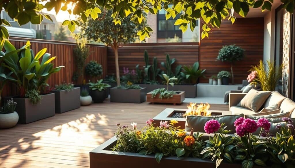 A contemporary urban backyard featuring a chic outdoor lounge area with sleek, modern furniture in soft, natural colors. In the foreground, a minimalist wooden deck with a stylish fire pit surrounded by comfortable seating. The middle ground showcases vibrant planters filled with a variety of lush greenery and colorful flowers, creating a lively atmosphere. A small vegetable garden adds an element of sustainability. In the background, a sleek wooden fence and a mosaic-patterned wall enhance the urban feel. The scene is illuminated by soft, warm sunlight filtering through the leaves, casting gentle shadows. The mood is relaxing and inviting, ideal for urban dwellers seeking a tranquil escape in their own backyard. The composition is shot from a slightly elevated angle, providing a comprehensive view of this modern oasis. A contemporary urban backyard featuring a chic outdoor lounge area with sleek, modern furniture in soft, natural colors. In the foreground, a minimalist wooden deck with a stylish fire pit surrounded by comfortable seating. The middle ground showcases vibrant planters filled with a variety of lush greenery and colorful flowers, creating a lively atmosphere. A small vegetable garden adds an element of sustainability. In the background, a sleek wooden fence and a mosaic-patterned wall enhance the urban feel. The scene is illuminated by soft, warm sunlight filtering through the leaves, casting gentle shadows. The mood is relaxing and inviting, ideal for urban dwellers seeking a tranquil escape in their own backyard. The composition is shot from a slightly elevated angle, providing a comprehensive view of this modern oasis.