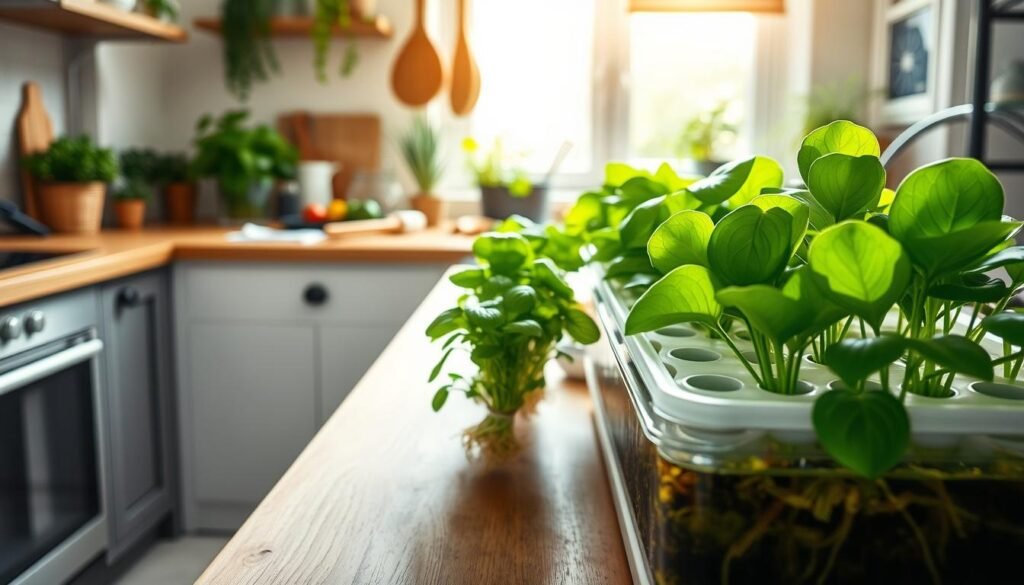 A cozy and inviting home hydroponics setup in a sunlit kitchen, featuring a small, efficient hydroponic system with vibrant green leafy vegetables and herbs thriving in nutrient-rich water. In the foreground, a carefully arranged row of hydroponic planters with fresh basil, lettuce, and spinach, showcasing their roots submerged in the nutrient solution. In the middle, a wooden countertop adorned with gardening tools and freshly harvested produce emphasizes the connection between the home garden and nutritious meals. The background reveals a picturesque window with soft sunlight streaming in, adding warmth to the scene. The overall mood is bright and hopeful, highlighting the potential of urban gardening and self-sufficiency in food production.