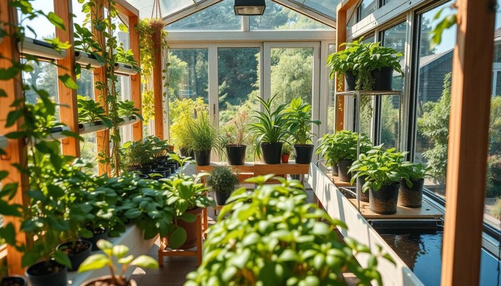 A cozy and inviting hydroponic greenhouse, depicting a vibrant array of leafy greens and colorful herbs, arranged on vertical shelves and in nutrient-rich water systems. In the foreground, delicate plants thrive, showcasing lush foliage and healthy growth. The middle ground features natural wooden structures with pots and containers that highlight various hydroponic techniques, all set against large glass panels that let in bright, soft sunlight. The background presents a serene garden outside, with green hues and a blue sky peeking through the windows. The atmosphere is calm and rejuvenating, emphasizing a harmonious blend of nature and technology. The lighting is bright and airy, creating a warm and welcoming environment, perfect for a thriving home hydroponics setup.