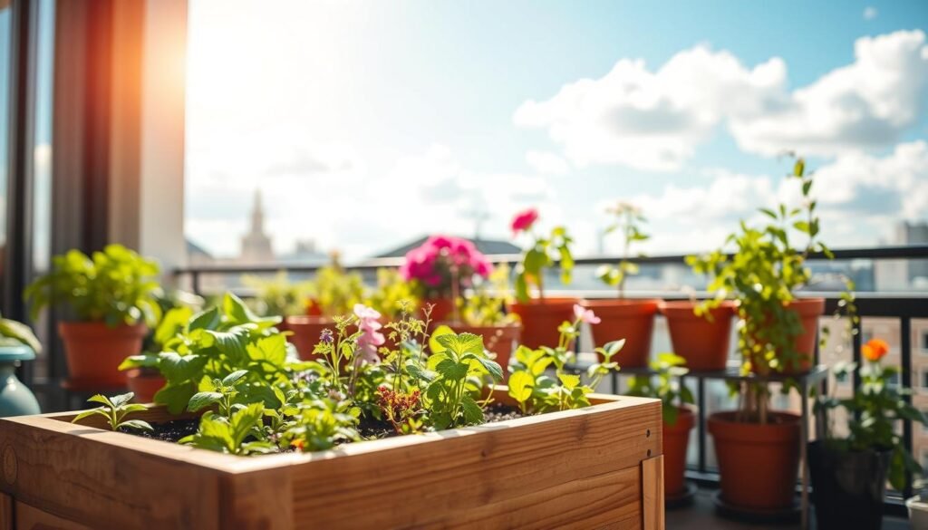 A cozy apartment balcony transformed into a vibrant urban garden. In the foreground, a DIY raised garden bed filled with colorful herbs and small vegetables, made from reclaimed wood, showcasing sturdy craftsmanship. The middle ground features potted plants in various sizes, including flowering plants and trailing vines, arranged harmoniously for easy access and aesthetic appeal. In the background, a bright blue sky with soft, fluffy clouds filters natural sunlight, casting gentle shadows and creating a warm, inviting atmosphere. The scene reflects a serene and productive space, ideal for apartment gardening enthusiasts, captured with a soft focus lens to enhance depth and brightness. The overall mood is cheerful and inspiring, embodying a sense of nature and tranquility amidst urban living.