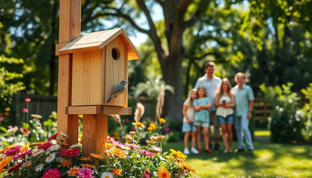 A cozy backyard scene featuring a beautifully crafted birdhouse made of natural wood, nestled on a sturdy post in a vibrant garden. In the foreground, colorful flowers bloom around the base of the post, inviting birds to visit. In the middle ground, a cheerful family, dressed in casual, light-colored clothing, is seen happily observing the birds as they explore the new birdhouse. In the background, tall trees create a lush canopy, and soft sunlight filters through the leaves, casting gentle shadows on the ground. The atmosphere is warm and inviting, conveying a sense of tranquility and connection with nature, perfect for encouraging wildlife in the garden. The image should capture the essence of a bird-friendly environment, emphasizing joy and simplicity.