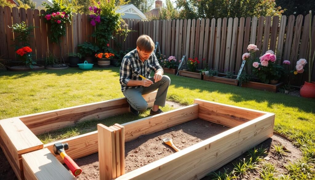 A cozy backyard scene showcasing a DIY raised garden bed construction underway. In the foreground, a wooden frame of the garden bed is half-assembled, made from inexpensive reclaimed wood, surrounded by basic gardening tools like a hammer and a tape measure. In the middle ground, a person dressed in modest casual clothing is kneeling and working on the garden frame, focusing intently on measuring and cutting wood, with soft sunlight illuminating their focused expression. In the background, a lush green lawn and vibrant blooming flowers create a cheerful atmosphere, while a wooden fence adds to the homey vibe. The entire scene is bathed in warm, natural light, emphasizing the DIY spirit and budget-friendly essence of gardening. The image has a clear, well-composed angle for a detailed view of the garden project.