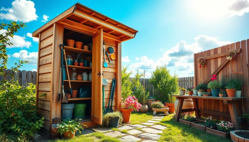 A cozy backyard scene showcasing a well-organized DIY storage solution. In the foreground, a rustic wooden shed with a slightly open door revealing neatly stacked garden tools, pots, and supplies. To the side, a sturdy wooden bench holds a variety of colorful plants and garden decorations. In the middle ground, vibrant greenery surrounds the area, with flower beds and a small pathway made of stones leading to the shed. The background features a bright blue sky with soft, fluffy clouds, casting gentle, dappled sunlight across the scene. The atmosphere is inviting and serene, emphasizing a productive space perfect for gardening enthusiasts. The image captures a warm, sunny day, showcasing the simplicity and beauty of homemade storage solutions.