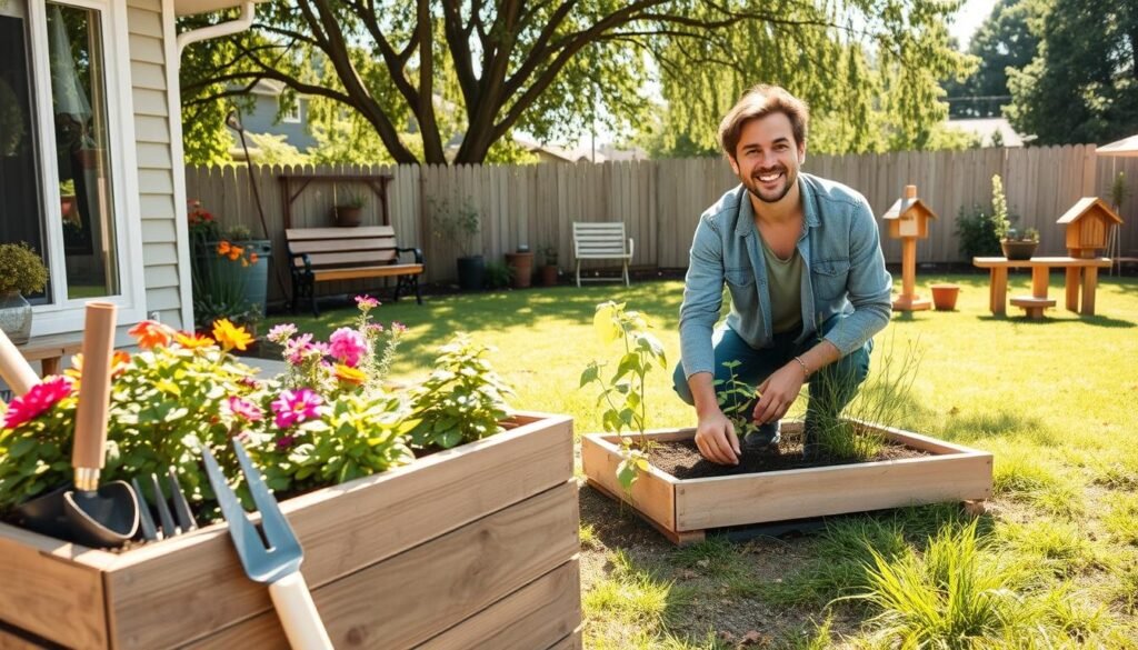 A cozy backyard scene showcasing vibrant DIY garden projects. In the foreground, a rustic wooden planter box filled with colorful flowers and herbs, alongside neatly arranged gardening tools. In the middle, a cheerful individual in modest casual clothing kneels, planting seedlings in a well-prepared garden bed, exuding a sense of focus and tranquility. The background features a sun-drenched lawn sprinkled with additional finished projects, such as a repurposed wooden bench and a charming birdhouse. Soft sunlight filters through leafy trees, creating an inviting and serene atmosphere, ideal for weekend creativity. The scene is captured with a wide-angle lens to emphasize depth and enhance the bright, airy feel of the outdoor space.