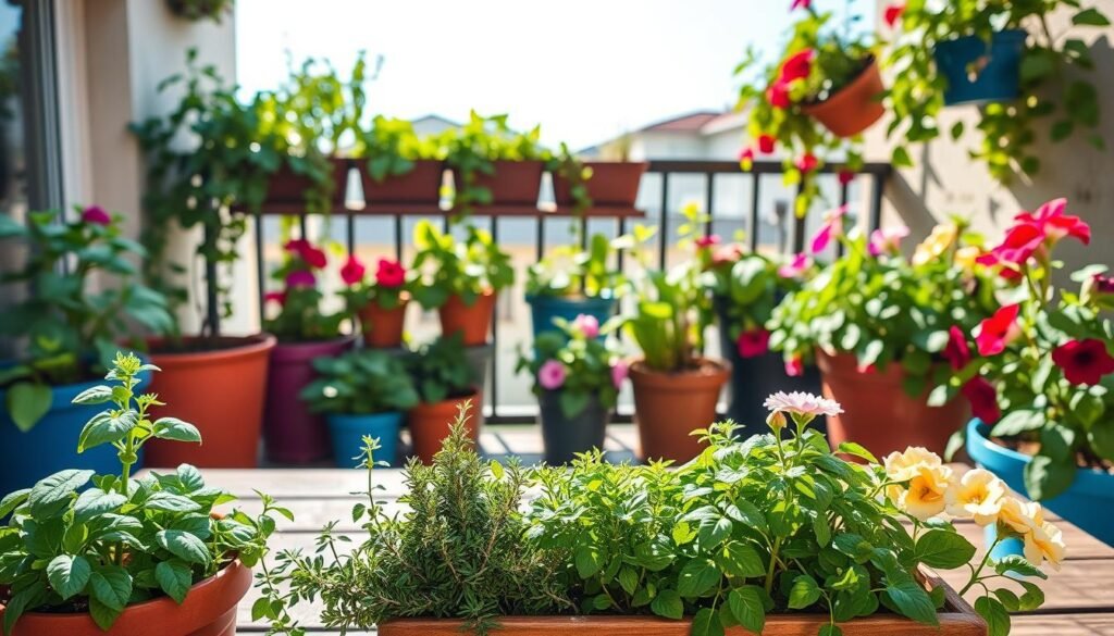 A cozy balcony adorned with lush container gardens, showcasing a variety of vibrant plants in colorful pots. In the foreground, a wooden table holds an array of herbs and flowers, including basil, rosemary, and blooming petunias, creating a lively contrast. The middle ground reveals planters arranged neatly along the balcony railing, with greenery cascading over the edges. In the background, a soft blue sky peeks through, illuminated by bright, natural sunlight that casts gentle shadows. The atmosphere feels inviting and serene, perfect for small space gardening enthusiasts. Capture this scene from a slightly elevated angle to emphasize the depth and arrangement of the plants, highlighting the beauty of container gardening in urban living spaces.