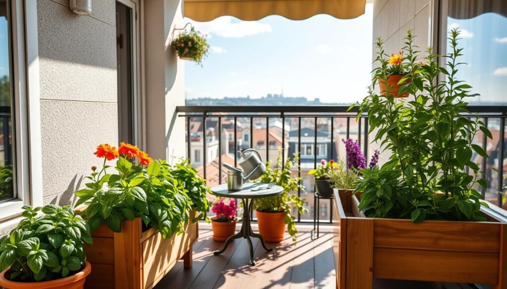 A cozy balcony scene featuring a stylish herb planter, filled with lush green herbs like basil, mint, and rosemary. The planter is made of natural wood and strategically placed at the edge of a small balcony adorned with cheerful potted flowers. In the foreground, sunlight gently filters through the herbs, casting soft shadows on the wooden floor. The middle layer showcases a small, elegant table with a few gardening tools and a watering can, emphasizing a nurturing atmosphere. In the background, a charming view of a cityscape under a bright blue sky enhances the sense of space. The overall mood is fresh and inviting, reflecting a vibrant green oasis in a compact urban setting.