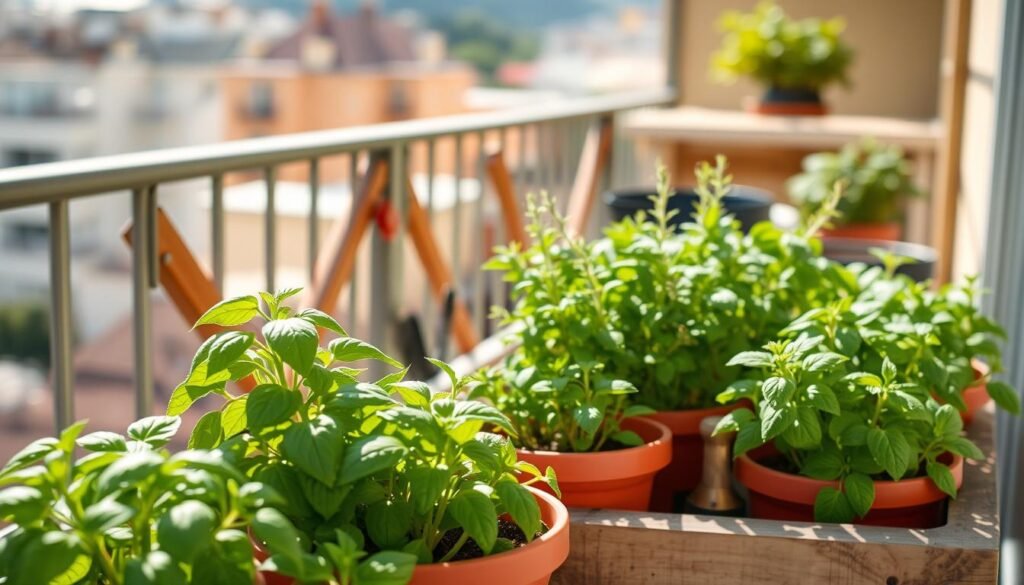 A cozy balcony scene showcasing a variety of fresh herbs in vibrant pots, such as basil, rosemary, and mint, arranged neatly in a rustic wooden planter. In the foreground, the pots are filled with lush green foliage, glistening with morning dew under bright natural light. The middle ground features a sunlit balcony railing with wooden accents, complemented by small gardening tools tucked nearby. The background includes a soft focus of a sunny urban landscape, creating a warm, inviting atmosphere. Soft sunlight filters through, casting gentle shadows that emphasize the freshness of the herbs. The overall mood is serene and uplifting, highlighting the joy of growing herbs at home.