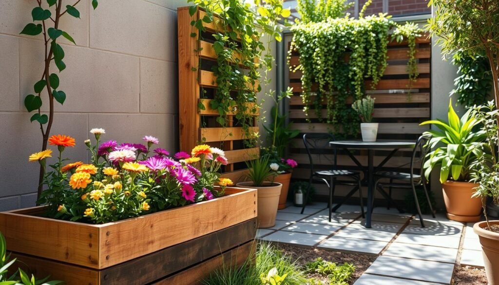 A cozy corner of a small urban garden featuring innovative planter ideas for limited spaces. In the foreground, a beautifully crafted wooden planter box brimming with colorful flowers, arranged artistically to draw the eye. The middle ground showcases a vertical garden made from repurposed wooden palettes, adorned with lush plants cascading down. In the background, a small bistro table with a couple of chairs adds an inviting touch, surrounded by greenery. The scene is bathed in bright natural light, with soft sunlight filtering through leaves, creating a warm and airy atmosphere. The composition emphasizes a touch of modern creativity in home gardening, ideal for urban dwellers seeking to enhance their small spaces. Capture this from a slightly elevated angle to encompass all elements harmoniously. A cozy corner of a small urban garden featuring innovative planter ideas for limited spaces. In the foreground, a beautifully crafted wooden planter box brimming with colorful flowers, arranged artistically to draw the eye. The middle ground showcases a vertical garden made from repurposed wooden palettes, adorned with lush plants cascading down. In the background, a small bistro table with a couple of chairs adds an inviting touch, surrounded by greenery. The scene is bathed in bright natural light, with soft sunlight filtering through leaves, creating a warm and airy atmosphere. The composition emphasizes a touch of modern creativity in home gardening, ideal for urban dwellers seeking to enhance their small spaces. Capture this from a slightly elevated angle to encompass all elements harmoniously.