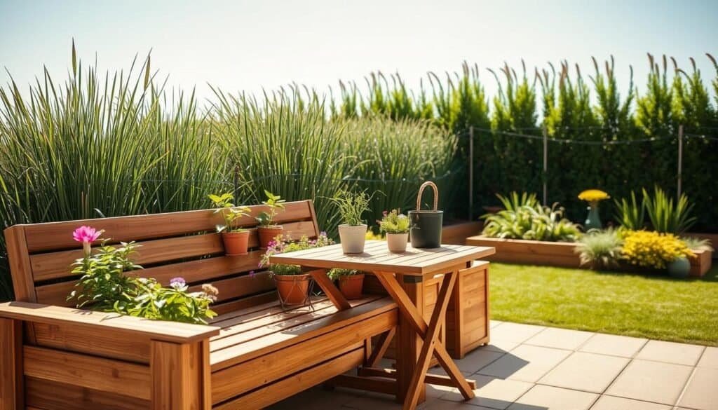 A cozy garden patio featuring multi-functional furniture seamlessly integrated with planters. The foreground showcases a stylish wooden bench with built-in planters brimming with lush greenery and blooming flowers. In the middle, a compact folding table complements the bench, adorned with potted herbs and outdoor-friendly materials. The background includes a well-maintained garden area, with a mix of tall grass and colorful shrubs, under a clear blue sky. The scene is illuminated by soft, natural sunlight, creating a warm and inviting atmosphere. The composition is captured from a slightly elevated angle, showcasing the harmonious blend of furniture and nature, emphasizing the practicality and beauty of compact outdoor living. A cozy garden patio featuring multi-functional furniture seamlessly integrated with planters. The foreground showcases a stylish wooden bench with built-in planters brimming with lush greenery and blooming flowers. In the middle, a compact folding table complements the bench, adorned with potted herbs and outdoor-friendly materials. The background includes a well-maintained garden area, with a mix of tall grass and colorful shrubs, under a clear blue sky. The scene is illuminated by soft, natural sunlight, creating a warm and inviting atmosphere. The composition is captured from a slightly elevated angle, showcasing the harmonious blend of furniture and nature, emphasizing the practicality and beauty of compact outdoor living.