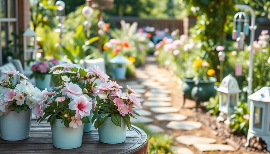 A cozy garden scene featuring an array of pastel decor elements. In the foreground, delicate pastel-colored flower pots filled with blooming flowers in soft pinks, mint greens, and baby blues are artfully arranged on a rustic wooden table. The middle ground showcases a gently winding pathway lined with pastel garden ornaments such as twinkling lanterns and whimsical wind chimes. In the background, a lush garden filled with greenery gently sways in the breeze under bright, soft sunlight, casting a serene glow. The overall atmosphere is inviting and tranquil, perfect for a cozy vibe. Capture this scene with a shallow depth of field, focusing on the vibrant colors and textures while allowing the background to softly blur, enhancing the feeling of warmth and comfort.