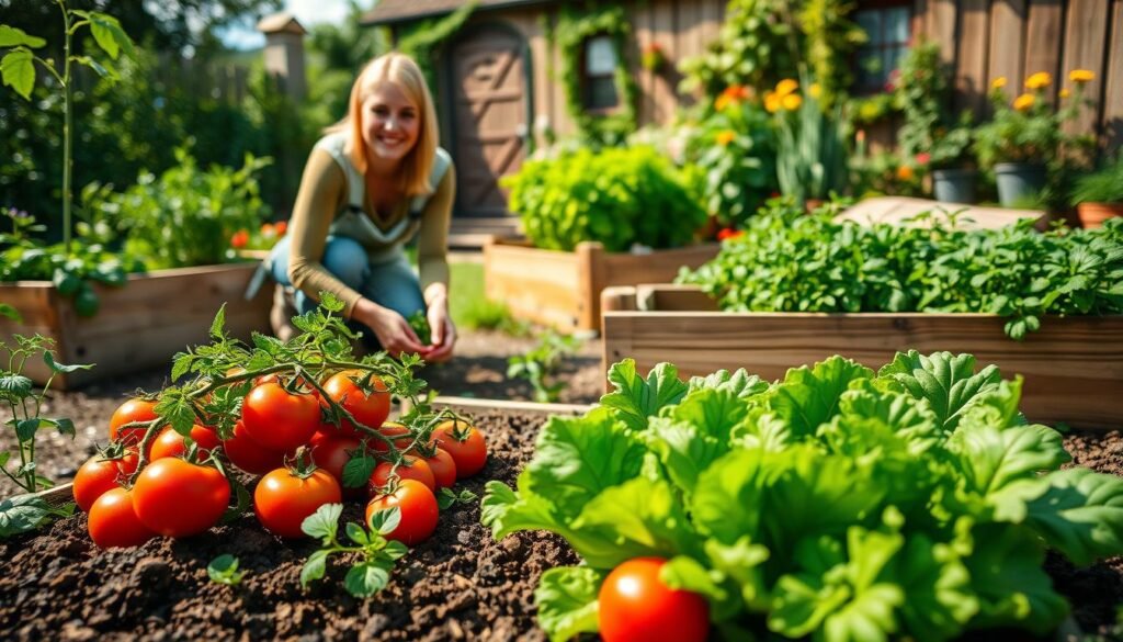 A cozy home vegetable garden scene, showcasing ripe tomatoes and vibrant green lettuce nestled in well-tended soil. In the foreground, a person in casual gardening attire, kneeling and harvesting vegetables, smiles with satisfaction. The midground features wooden raised garden beds, surrounded by herbs like basil and parsley, creating a lush, inviting atmosphere. In the background, a quaint cottage with a rustic wooden fence and colorful flowers enhances the charm. The sunlight streams through, casting soft shadows and highlighting the freshness of the produce. The mood is cheerful and fulfilling, ideal for celebrating the joys of homegrown food, and evoking a sense of accomplishment and connection to nature. The image should have a warm color palette and be well-composed to emphasize the bountiful harvest.