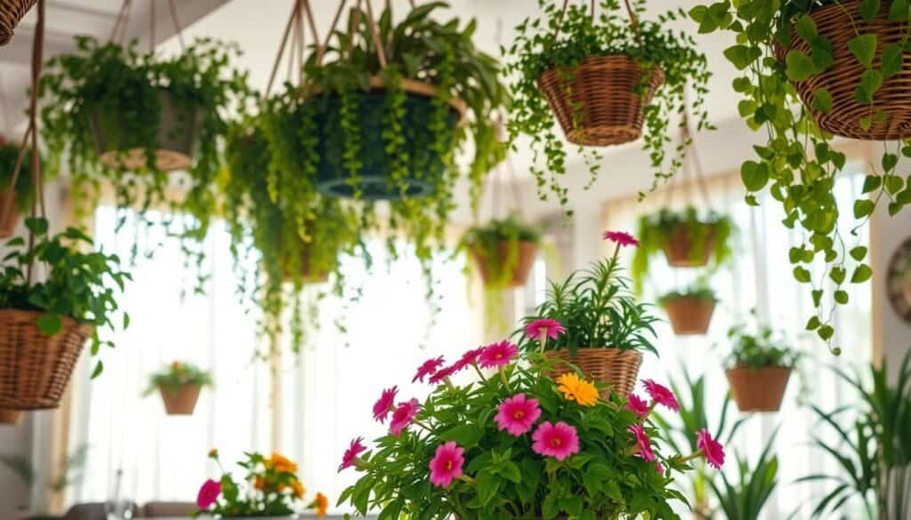 A cozy indoor setting showcasing various hanging baskets and ceiling-mounted planters filled with lush greenery. In the foreground, vibrant flowering plants in elegantly arranged woven baskets create a cheerful focal point. The middle ground features a variety of ceiling-mounted planters with cascading vines and foliage, adding depth and texture. The background reveals soft, blurred hints of a well-lit room bathed in bright natural light, with airy curtains gently swaying. The atmosphere is serene and inviting, reflecting a harmonious blend of nature and modern décor. The scene is captured using a wide-angle lens to emphasize spatial efficiency, with soft sunlight illuminating each plant, enhancing their vivid colors and creating peaceful shadows. A cozy indoor setting showcasing various hanging baskets and ceiling-mounted planters filled with lush greenery. In the foreground, vibrant flowering plants in elegantly arranged woven baskets create a cheerful focal point. The middle ground features a variety of ceiling-mounted planters with cascading vines and foliage, adding depth and texture. The background reveals soft, blurred hints of a well-lit room bathed in bright natural light, with airy curtains gently swaying. The atmosphere is serene and inviting, reflecting a harmonious blend of nature and modern décor. The scene is captured using a wide-angle lens to emphasize spatial efficiency, with soft sunlight illuminating each plant, enhancing their vivid colors and creating peaceful shadows.