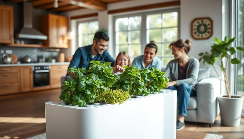 A cozy, modern living room featuring a small, elegant hydroponics unit prominently displayed in the foreground. The unit showcases lush green herbs and vibrant leafy vegetables, beautifully arranged in a sleek, white planter. Natural light pours in through large windows, casting soft shadows and enhancing the vivid colors of the plants. In the background, a well-organized kitchen is visible, complete with wooden cabinetry and tasteful décor, suggesting an atmosphere of home-cooked meals and healthy living. A family, casually dressed, is joyfully interacting around the hydroponics unit, with one member reaching to gently tend to the plants. The overall mood is one of warmth, sustainability, and the joys of homegrown food. The image captures the essence of modern eco-friendly living, emphasizing that even small units can sustain a family’s food needs.