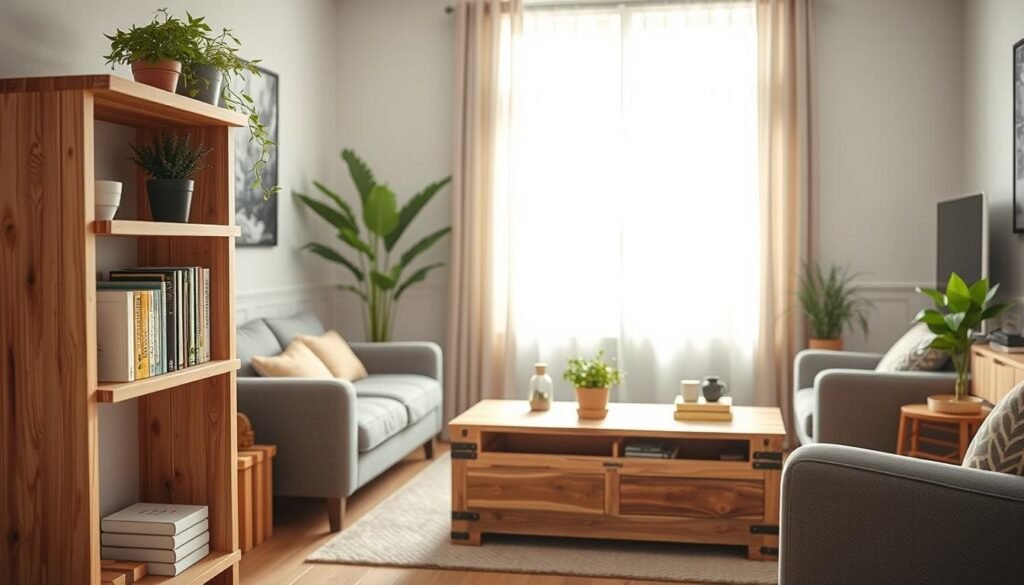 A cozy, modern living room showcasing small space optimization through stylish DIY wooden projects. In the foreground, a handcrafted wooden shelf holds neatly arranged plants and books, demonstrating efficient use of vertical space. The middle section features a rustic wooden coffee table with a hidden storage compartment, surrounded by comfortable yet modest upholstered seating. The background reveals a sunlit window with sheer curtains, enhancing the airy atmosphere. Soft natural sunlight filters into the room, creating a warm, inviting glow. The scene is captured from a slightly elevated angle, emphasizing the layout and functionality of the space. The overall mood is one of creativity and inspiration, ideal for maximizing small living areas with practical yet beautiful woodworking solutions. A cozy, modern living room showcasing small space optimization through stylish DIY wooden projects. In the foreground, a handcrafted wooden shelf holds neatly arranged plants and books, demonstrating efficient use of vertical space. The middle section features a rustic wooden coffee table with a hidden storage compartment, surrounded by comfortable yet modest upholstered seating. The background reveals a sunlit window with sheer curtains, enhancing the airy atmosphere. Soft natural sunlight filters into the room, creating a warm, inviting glow. The scene is captured from a slightly elevated angle, emphasizing the layout and functionality of the space. The overall mood is one of creativity and inspiration, ideal for maximizing small living areas with practical yet beautiful woodworking solutions.