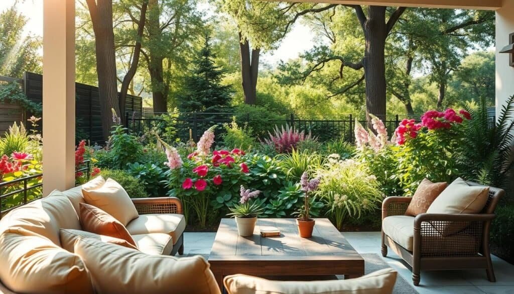 A cozy outdoor oasis featuring a beautifully designed seating area integrated into a lush garden. In the foreground, a comfortable, inviting seating arrangement with plush cushions in soft, earthy tones. The middle layer showcases vibrant, blooming flowers and lush greenery, perfectly framing the seating area. In the background, tall trees let in soft sunlight, creating dappled light patterns on the ground. A rustic wooden coffee table complements the seating, adorned with small potted plants. The atmosphere is serene and inviting, ideal for relaxation or gatherings. The image is captured in bright natural light, with an emphasis on airy, well-lit spaces, invoking a sense of tranquility and warmth.