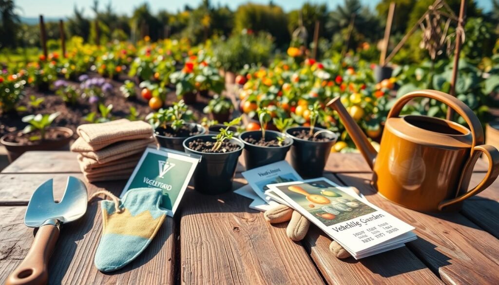 A cozy outdoor scene showcasing a wooden table filled with essential vegetable gardening tools for beginners. In the foreground, a shiny trowel, gloves, seed packets, and a watering can are arranged artistically on the table. In the middle, pots filled with rich soil and small seedlings peek out, emphasizing the gardening theme. In the background, a lush garden with colorful vegetables growing under a clear blue sky, bathed in soft, natural sunlight creates a serene atmosphere. The image captures the spirit of embarking on a gardening journey, featuring warm light that enhances the vibrant colors of the tools and plants. The angle is slightly above the table, providing a clear view of the tools and seedlings, inviting viewers into the world of vegetable gardening.