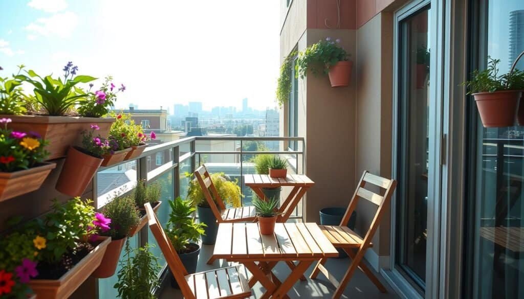 A cozy patio and balcony scene showcasing innovative, space-saving planters. In the foreground, feature vertical planters filled with vibrant flowers and herbs, creatively arranged on a narrow wall. The middle layer showcases a charming table made of reclaimed wood, surrounded by matching folding chairs, adorned with small potted succulents. In the background, a sunlit urban landscape peeks through, with bright blue skies and soft white clouds. The atmosphere is inviting and serene, enhanced by gentle, warm sunlight streaming down. The scene captures a modern aesthetic with sustainable touches, emphasizing functionality and beauty in limited spaces, while ensuring a bright and airy ambiance throughout the image. A cozy patio and balcony scene showcasing innovative, space-saving planters. In the foreground, feature vertical planters filled with vibrant flowers and herbs, creatively arranged on a narrow wall. The middle layer showcases a charming table made of reclaimed wood, surrounded by matching folding chairs, adorned with small potted succulents. In the background, a sunlit urban landscape peeks through, with bright blue skies and soft white clouds. The atmosphere is inviting and serene, enhanced by gentle, warm sunlight streaming down. The scene captures a modern aesthetic with sustainable touches, emphasizing functionality and beauty in limited spaces, while ensuring a bright and airy ambiance throughout the image.