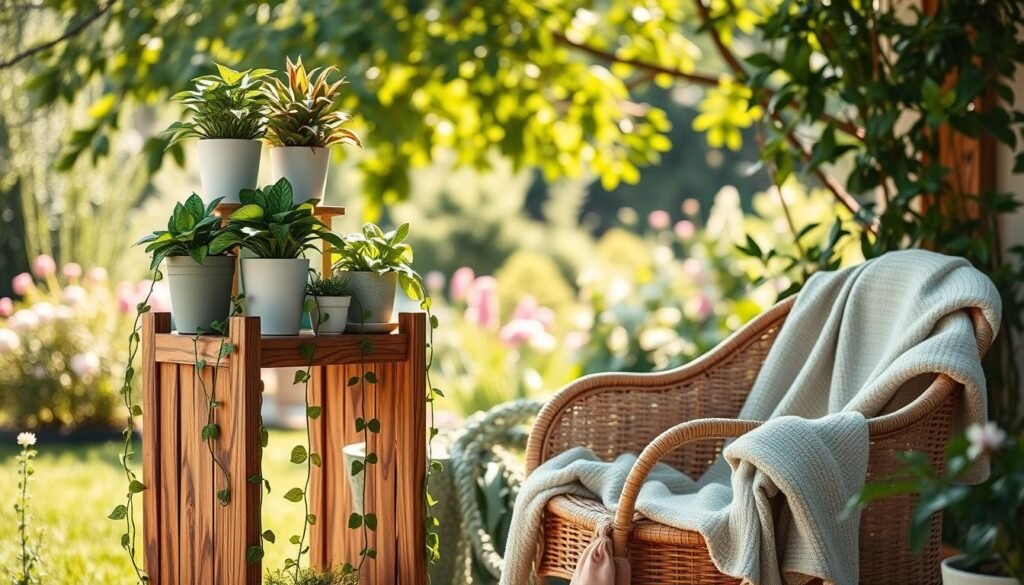 A cozy plant corner in an outdoor setting, featuring a stylish DIY plant stand made from rustic wood, elegantly displaying a variety of lush green plants in assorted ceramic pots. The foreground showcases the intricate details of the wooden stand, with trailing vines cascading down. In the middle ground, a soft blanket is draped across a wicker chair, inviting relaxation. The background is softly blurred, hinting at a sunlit garden with blooming flowers and gentle greenery, bathed in warm, natural light filtering through tree leaves. The atmosphere exudes tranquility and aesthetic appeal, with a serene color palette of greens and browns to enhance the inviting mood. A cozy plant corner in an outdoor setting, featuring a stylish DIY plant stand made from rustic wood, elegantly displaying a variety of lush green plants in assorted ceramic pots. The foreground showcases the intricate details of the wooden stand, with trailing vines cascading down. In the middle ground, a soft blanket is draped across a wicker chair, inviting relaxation. The background is softly blurred, hinting at a sunlit garden with blooming flowers and gentle greenery, bathed in warm, natural light filtering through tree leaves. The atmosphere exudes tranquility and aesthetic appeal, with a serene color palette of greens and browns to enhance the inviting mood.