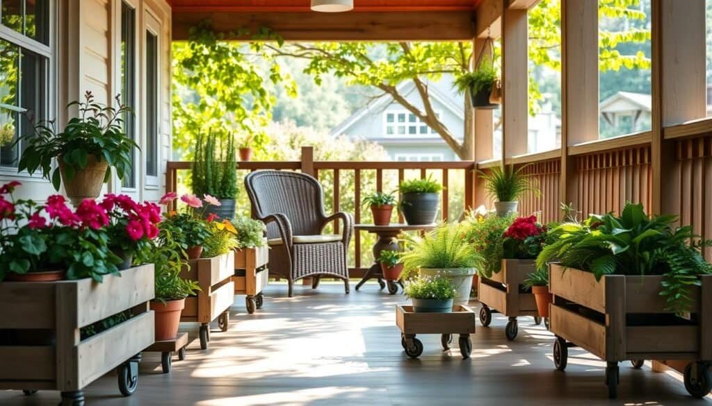 A cozy porch scene featuring various rolling planter caddies, artfully arranged for flexible layouts. In the foreground, showcase rustic wooden caddies on wheels, each with colorful potted plants, such as vibrant geraniums and lush ferns, creating a lush, inviting atmosphere. In the middle ground, include a charming wicker chair and a small side table, bathed in soft natural sunlight filtering through the leaves of overhead greenery. The background reveals a charming wooden railing and a view of a well-maintained garden, further enhancing the serene mood. Use a wide-angle lens to capture the breadth of the space, accentuating the airy, bright ambiance highlighted by warm, inviting tones. The scene should evoke a feeling of tranquility and inspiration for small-space gardening. A cozy porch scene featuring various rolling planter caddies, artfully arranged for flexible layouts. In the foreground, showcase rustic wooden caddies on wheels, each with colorful potted plants, such as vibrant geraniums and lush ferns, creating a lush, inviting atmosphere. In the middle ground, include a charming wicker chair and a small side table, bathed in soft natural sunlight filtering through the leaves of overhead greenery. The background reveals a charming wooden railing and a view of a well-maintained garden, further enhancing the serene mood. Use a wide-angle lens to capture the breadth of the space, accentuating the airy, bright ambiance highlighted by warm, inviting tones. The scene should evoke a feeling of tranquility and inspiration for small-space gardening.
