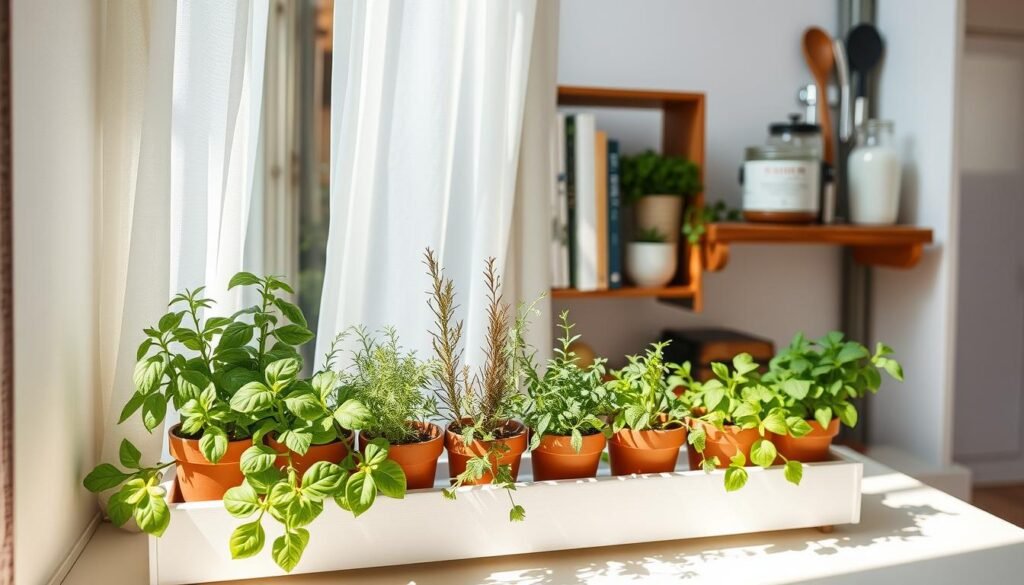 A cozy small apartment window filled with a beautifully designed herb garden in a window box. In the foreground, vibrant green basil, rosemary, and parsley are neatly arranged in rustic, terracotta pots. In the middle, the window is adorned with airy sheer curtains that softly diffuse bright natural light, creating a warm and inviting atmosphere. In the background, a wooden shelf displays cooking books and kitchen utensils, emphasizing a culinary theme. Sunlight filters through the window, casting gentle shadows on a light-colored countertop, enhancing the overall freshness of the scene. The mood is serene and homely, perfect for optimal growing conditions for culinary herbs, inviting the viewer to appreciate the beauty and practicality of urban gardening.