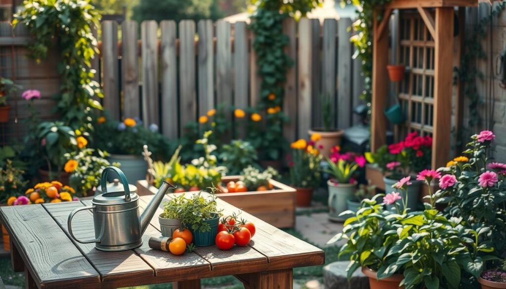 A cozy small backyard garden, filled with vibrant flowers, mixed vegetable beds, and a wood trellis adorned with climbing plants. In the foreground, a rustic wooden table holds gardening tools and a watering can, reflecting the love and care put into the space. The middle of the scene features a raised garden bed with healthy tomatoes and herbs, surrounded by colorful pots of flowers. In the background, a charming wooden fence partially covered with ivy adds depth. The setting is bathed in soft, warm sunlight, creating an inviting atmosphere. Capture the vibrant colors and intricate details, focusing on the harmony between plants and gardening elements, ensuring no humans are depicted in the scene. Use a wide-angle lens to create a spacious feel in the composition.