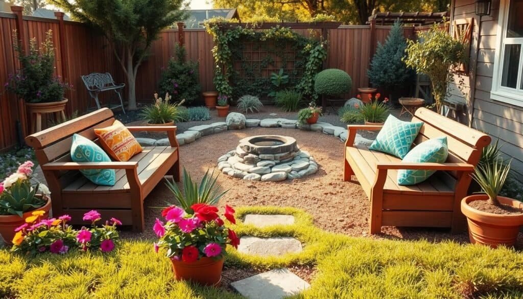 A cozy small backyard landscape featuring a charming seating area with wooden benches and colorful cushions. In the foreground, add vibrant flowers in planters and well-manicured grass, creating a sense of warmth. The middle ground shows a small fire pit surrounded by stones, bordered by low-maintenance shrubs and decorative stones. In the background, include a trellis with climbing vines and a few trees to provide shade. The scene is illuminated by soft, golden sunlight, enhancing the inviting atmosphere. Capture this image from a slightly elevated angle, showcasing the layout of the space while maintaining a clear focus on the details. The overall mood is tranquil and welcoming, perfect for simple, budget-friendly backyard ideas. A cozy small backyard landscape featuring a charming seating area with wooden benches and colorful cushions. In the foreground, add vibrant flowers in planters and well-manicured grass, creating a sense of warmth. The middle ground shows a small fire pit surrounded by stones, bordered by low-maintenance shrubs and decorative stones. In the background, include a trellis with climbing vines and a few trees to provide shade. The scene is illuminated by soft, golden sunlight, enhancing the inviting atmosphere. Capture this image from a slightly elevated angle, showcasing the layout of the space while maintaining a clear focus on the details. The overall mood is tranquil and welcoming, perfect for simple, budget-friendly backyard ideas.