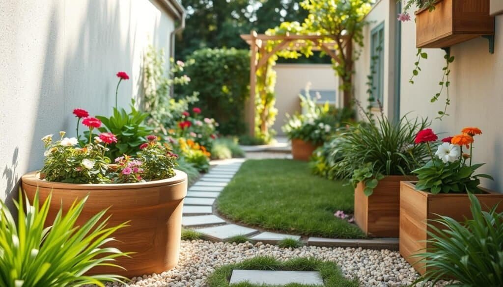 A cozy small garden featuring corner-fitting planters, densely filled with vibrant flowering plants and lush greenery. In the foreground, a pair of handcrafted wooden planters perfectly snug in a garden corner, showcasing curved shapes that elegantly fit the walls. The middle scene displays a carefully organized garden layout with a mix of textures, such as smooth pebbles and soft grass, enhancing the inviting atmosphere. In the background, a charming, narrow pathway leads to a stylish trellis adorned with climbing vines, bathed in bright natural light and soft sunlight filtering through trees. The overall mood is serene and uplifting, ideal for inspiring creativity in tight spaces. The perspective taken is a slightly elevated angle to nicely capture all elements within the frame, emphasizing both the planters and the harmonious garden setting.