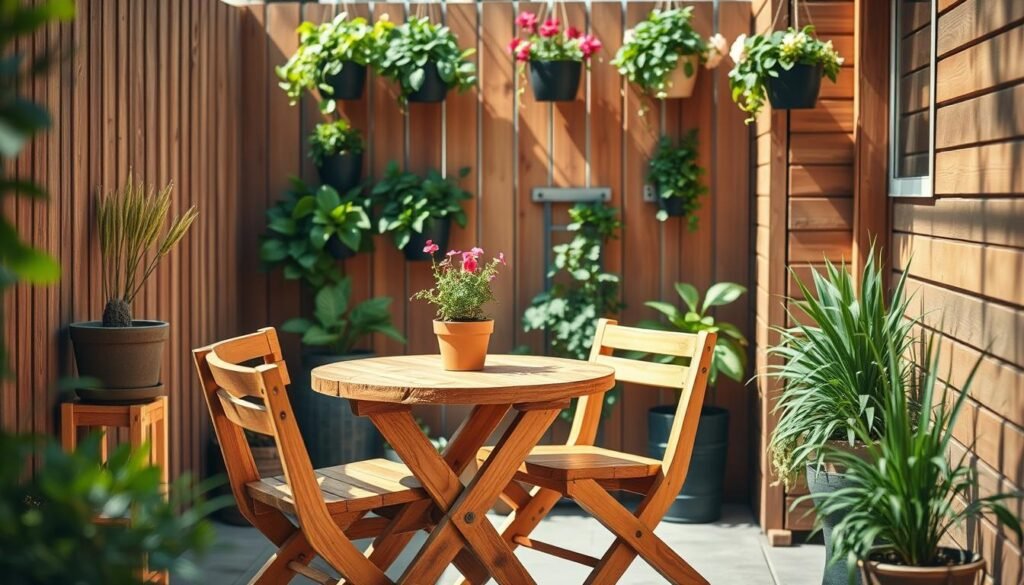 A cozy small patio featuring functional wood furniture and planter combinations, crafted from warm-toned natural wood. In the foreground, a compact dining set with a round table and two chairs made from reclaimed wood, accented by a potted herb planter on the table. The middle ground reveals vertical planters filled with lush green plants and colorful flowers, enhancing the space's vibrancy. The background features a textured wooden fence that adds privacy and warmth, adorned with hanging planters. Bright natural light filters through the greenery, casting soft shadows, creating an airy and welcoming atmosphere. The lens captures the scene from a slightly elevated angle, emphasizing depth and space. A cozy small patio featuring functional wood furniture and planter combinations, crafted from warm-toned natural wood. In the foreground, a compact dining set with a round table and two chairs made from reclaimed wood, accented by a potted herb planter on the table. The middle ground reveals vertical planters filled with lush green plants and colorful flowers, enhancing the space's vibrancy. The background features a textured wooden fence that adds privacy and warmth, adorned with hanging planters. Bright natural light filters through the greenery, casting soft shadows, creating an airy and welcoming atmosphere. The lens captures the scene from a slightly elevated angle, emphasizing depth and space.