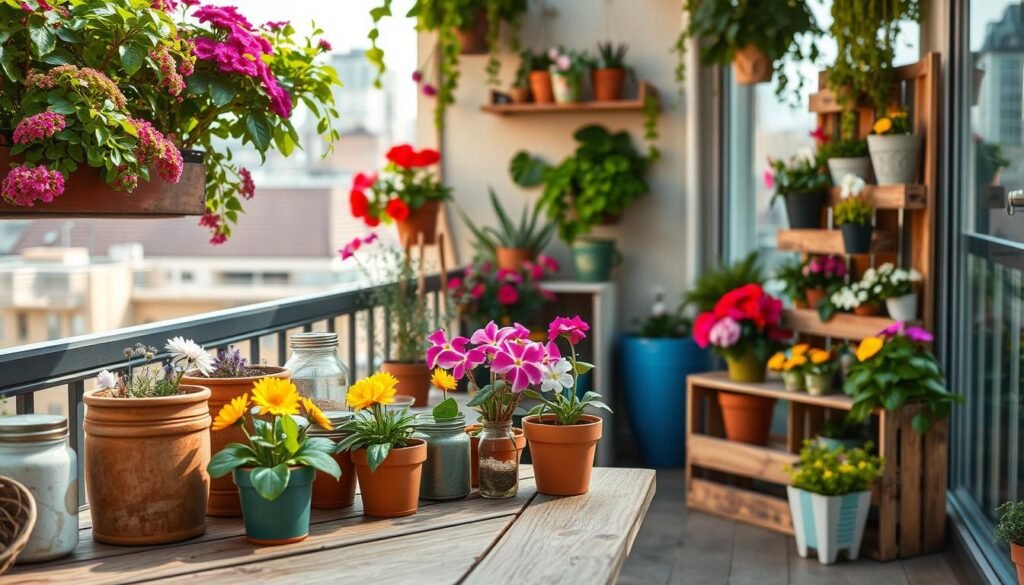 A cozy urban balcony filled with creative flower potting ideas, featuring vertical gardens, hanging pots, and repurposed wooden crates overflowing with colorful blooming flowers and lush greens. In the foreground, a wooden table holds an assortment of terracotta pots, painted jars, and rustic containers, each displaying unique plant arrangements. The middle ground showcases the vibrant flora cascading from shelves and walls, while the background reveals a cityscape, softly blurred to maintain focus on the garden. Bathed in bright, natural light, the scene conveys a cheerful and inviting atmosphere. Capture the image from a slight angle, emphasizing the depth and organization of the small gardening space, while the soft sunlight accentuates the colors and textures of the plants. A cozy urban balcony filled with creative flower potting ideas, featuring vertical gardens, hanging pots, and repurposed wooden crates overflowing with colorful blooming flowers and lush greens. In the foreground, a wooden table holds an assortment of terracotta pots, painted jars, and rustic containers, each displaying unique plant arrangements. The middle ground showcases the vibrant flora cascading from shelves and walls, while the background reveals a cityscape, softly blurred to maintain focus on the garden. Bathed in bright, natural light, the scene conveys a cheerful and inviting atmosphere. Capture the image from a slight angle, emphasizing the depth and organization of the small gardening space, while the soft sunlight accentuates the colors and textures of the plants.