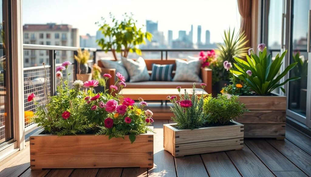 A cozy urban balcony scene featuring easy-to-make wooden planters that visually enhance small spaces. In the foreground, showcase small rectangular planters made of light-colored wood, filled with vibrant flowers and lush greenery, creating a lively and inviting atmosphere. The middle ground includes a stylish, rustic wooden bench adorned with comfortable cushions, emphasizing a relaxed vibe. In the background, a softly blurred skyline hints at city life under a bright blue sky. The lighting is natural and warm, with soft sunlight filtering through the plants, casting gentle shadows on the wooden surfaces. The composition evokes a sense of tranquility and inspiration, perfect for small space gardening enthusiasts.