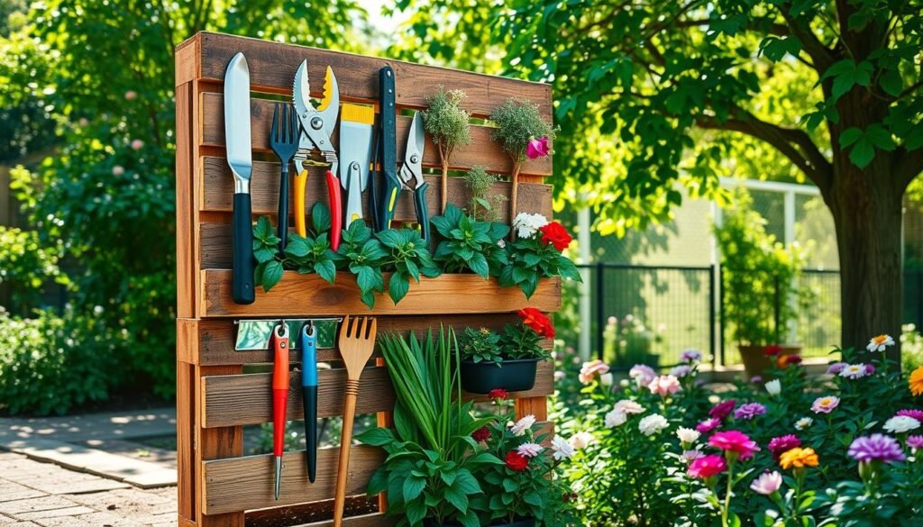 A creative garden tool storage solution featuring reclaimed wood pallets, artistically arranged as a vertical rack in a vibrant garden setting. In the foreground, a rustic pallet displays various gardening tools such as a trowel, pruning shears, and gloves. The middle layer showcases lush green plants and colorful flowers surrounding the rack, enhancing the garden's liveliness. In the background, a soft sunlight filters through the leaves of nearby trees, casting warm, inviting shadows. The photograph captures a bright, airy atmosphere with a focus on natural textures and colors. The angle is slightly raised to emphasize the organization and functionality of the pallet storage, inviting viewers to envision their own DIY gardening projects. A creative garden tool storage solution featuring reclaimed wood pallets, artistically arranged as a vertical rack in a vibrant garden setting. In the foreground, a rustic pallet displays various gardening tools such as a trowel, pruning shears, and gloves. The middle layer showcases lush green plants and colorful flowers surrounding the rack, enhancing the garden's liveliness. In the background, a soft sunlight filters through the leaves of nearby trees, casting warm, inviting shadows. The photograph captures a bright, airy atmosphere with a focus on natural textures and colors. The angle is slightly raised to emphasize the organization and functionality of the pallet storage, inviting viewers to envision their own DIY gardening projects.
