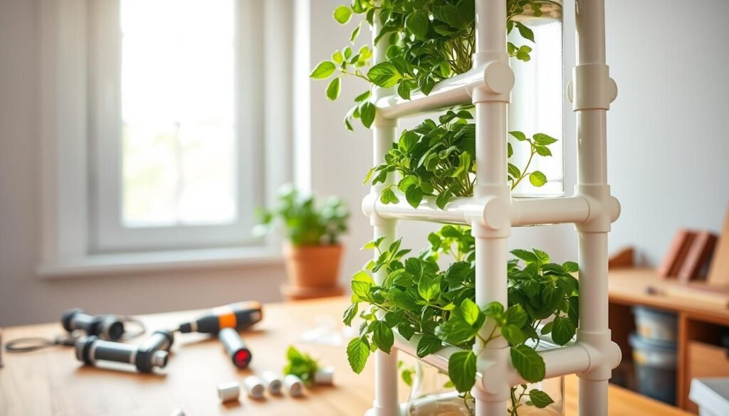 A detailed DIY hydroponic garden tower made from PVC pipes, prominently displayed in the foreground. The tower should showcase multiple levels filled with vibrant green herbs like basil, mint, and lettuce, all flourishing in nutrient-rich water. In the middle, include tools like a small drill and PVC pipe connectors scattered on a wooden workbench, implying an ongoing project. In the background, depict a bright window allowing soft, natural light to stream in, creating an airy and inviting atmosphere. Capture this setup with a slight overhead angle to emphasize the tower's height and structure, while maintaining a warm, vibrant color palette to evoke a sense of growth and eco-friendliness. The overall image should feel fresh, inspiring, and inviting for home gardeners.